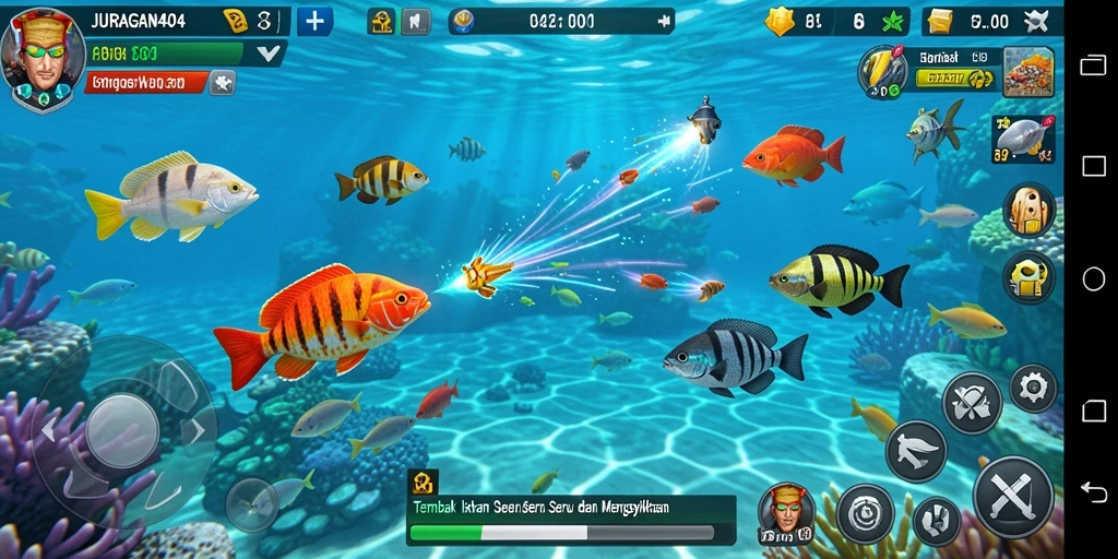 Screenshot gameplay JURAGAN404 menampilkan aksi menembak ikan yang seru.