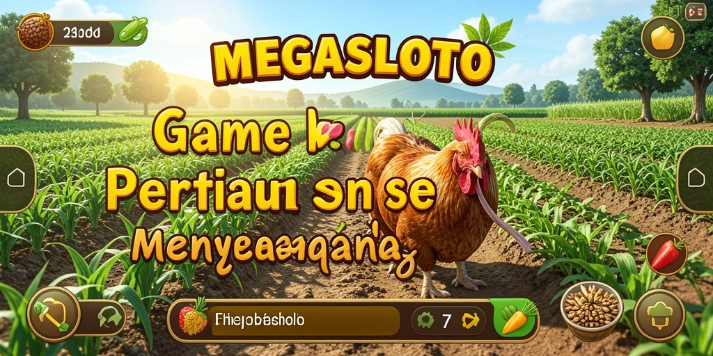 Tampilan screenshot gameplay <strong>MEGASLOTO</strong> yang menunjukkan kebun yang subur dan aktivitas bertani.