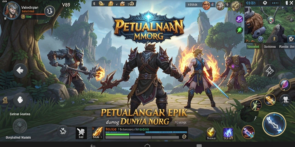 Screenshot gameplay V89 menunjukkan pertempuran epik dalam dunia MMORPG.