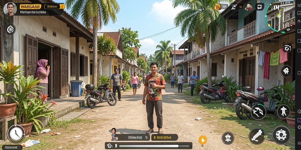 Screenshot gameplay WARGA88 menampilkan karakter berinteraksi dalam kehidupan sehari-hari.
